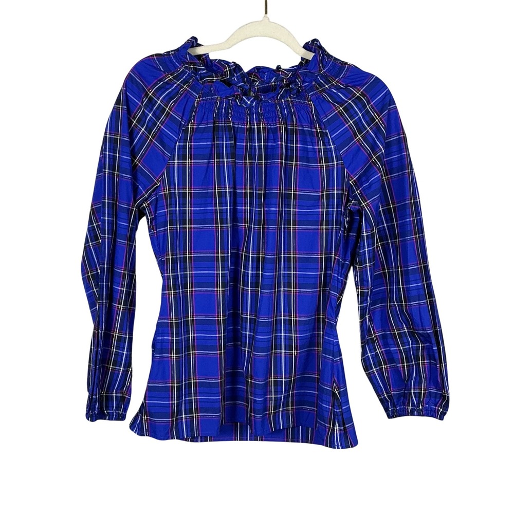 Talbots Womens Blue Plaid Metallic Lurex Ruffle Smock Neck Blouse Size M